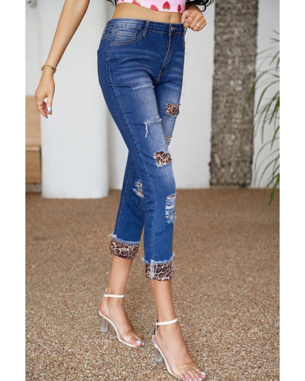 Azura Exchange Leopard Patches Distressed Skinny Jeans – L